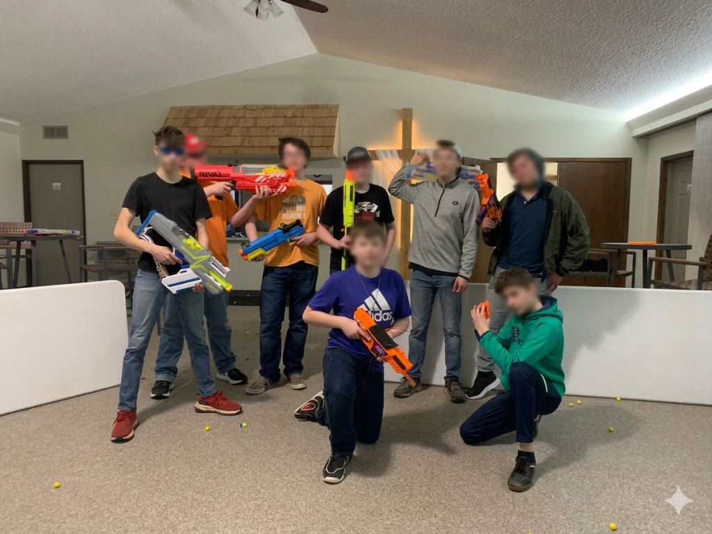 Anchor Point Church youth group posing with Nerf blasters in a Seal Team 6 style group photo during a Nerf War night.
